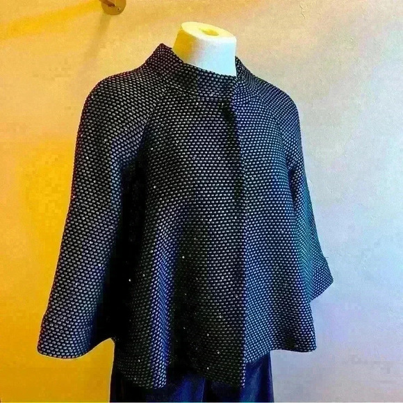 Laura Ashley Tweed Sparkly Cape Jacket Black Wool Blend Petite PM - Picture 1 of 8